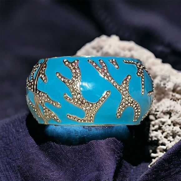 Sequin Blue Coral Rhinestone Wide Hinged Clamper Bangle NWT - Picture 4 of 7